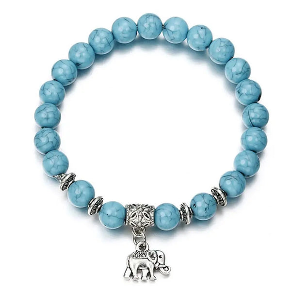 Ethnic Women's Hand Bracelets Elephant Charm Faux Turquoise Beaded Bracelet For Women Girls Elastic Bangle Gift Bracelets