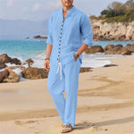 Men's Retro Cotton And Linen Set, Spring And Autumn Fashion Stand-up Collar Pocket Long Pants Long-sleeved Two-piece set