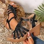 Fashion Woven Straps Chunky Heel Sandals Women Summer Ankle Buckle High Heeled Rome Shoes Woman Open Toe Platform Sandles 36-42