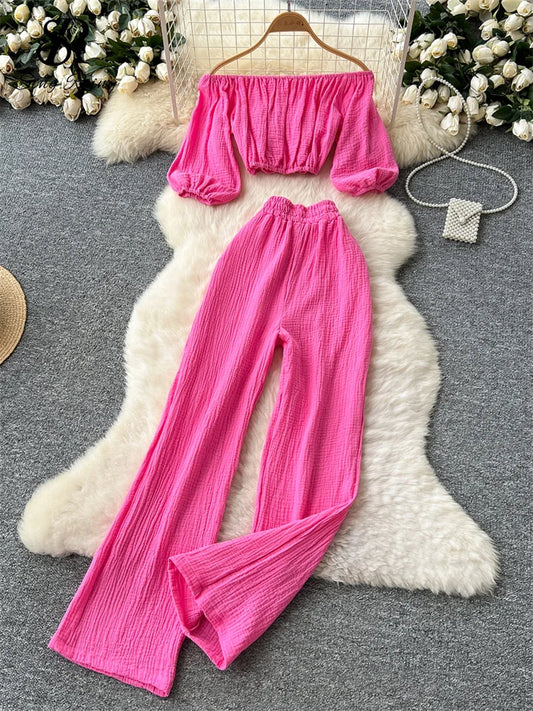 SINGREINY Summer Streetwear Women Sets Lantern Sleeve Off Shoulder Crop Top+High Waist Wide Legs Pants Fashion Sweet  Suits