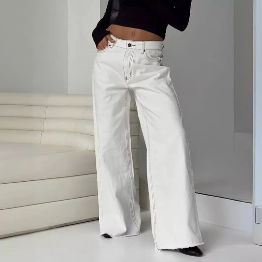 Korean-style Casual Loose Wide-leg Jeans. New Fashionable, Simple and Casual Floor-length Jeans for Ladies in All Four Seasons
