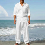 2025 Cross-border American Four Seasons Linen Men's Casual Relaxed Breathable Long Sleeve Pants Shirt Beach Suit