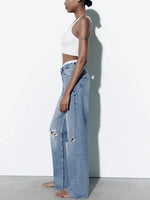 TRAF Women's loose hole decoration high-waisted jeans Fashion versatile wide-legged trousers Elegant fashion women's clothing