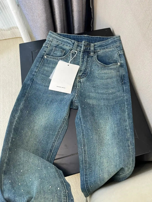 2025  Washed Diamond-encrusted Jeans Women's Spring Design Sense High-waisted Straight-leg Pants Loose Wide-leg Mopping Pants