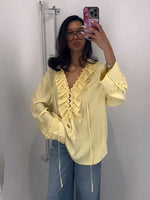 Women Casual Yellow Ruffles Tops Fashion V Neck Lace Up Long Sleeve Loose T Shirt 2025 Summer Lady High Street Commute Clothing