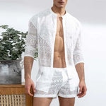 Mens Fashion Set Summer New Hollow Out Sexy Lace Shorts Pattern Print Shirt Two Piece Suits Trendy Elegant Beach Clothes Outfits