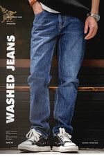 Maden Workwear American Retro Heavyweight Paris Button Denim Wash Straight Leg Jeans Mid Waist Long Pants Men's Autumn