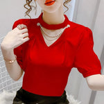 Women Summer Style Blouses Shirts Lady Fashion Casual Puff Short Sleeve O-Neck Solid Pearl Blouses Tops WY0227