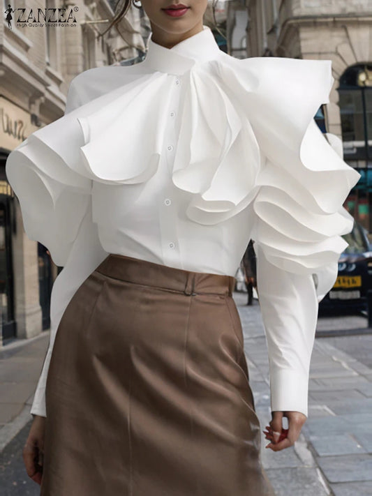 ZANZEA Elegant Women Office Blouse 2025 Fashion Ruffled Stitching Solid Shirts 3D Long Sleeve Tops Casual Loose Buttons Tunics