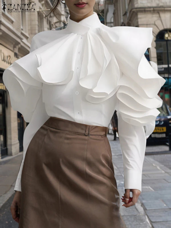 ZANZEA Elegant Women Office Blouse 2025 Fashion Ruffled Stitching Solid Shirts 3D Long Sleeve Tops Casual Loose Buttons Tunics