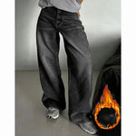 Winter Women Classic Snow Warm High Waist Jeans Girls Fleece Thermal Denim Pants Lady Baggy Straight Leg Plush Trousers