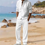 2025 Cross-border American Four Seasons Linen Men's Casual Relaxed Breathable Long Sleeve Pants Shirt Beach Suit
