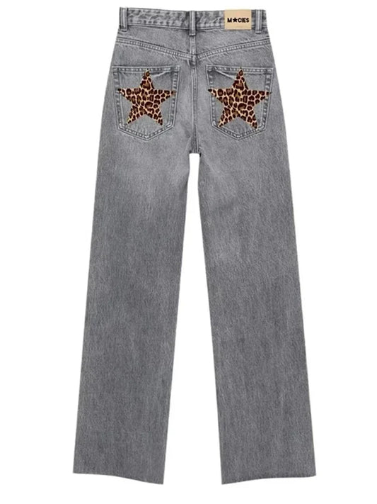 Denim belt leopard print star patch women's high waist straight legs jeans fashion clothing cleaning blue pants vintage trousers