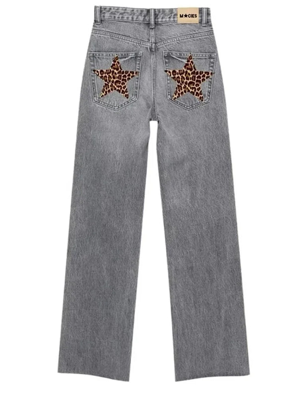 Denim belt leopard print star patch women's high waist straight legs jeans fashion clothing cleaning blue pants vintage trousers