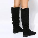New High Quality Pleated Boots Women Black Nude Faux Suede Flock Knee High Boots Ladies Flat Autumn Winter Dress Shoe