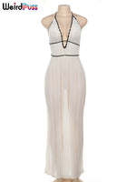 Weird Puss Sexy Elegant Halter Dress Women Summer Backless Lace-Up Color-Block Sleeveless Trendy Nightclub Wild Fashion Clothing