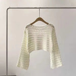 Fishnet Crochet Top Long Sleeve Crop Pullover Women Summer Cover Up Open-knit Blouse Y2K Grunge Outfit