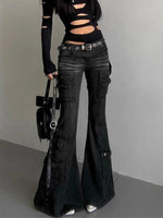 Women Dark Academia Gothic Grunge Low Waisted Cargo Flare Denim Pants Japanese Abi Y2k Harajuku Bell-Bottom Jeans Goblin Core