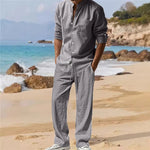 2025 Cross-border American Four Seasons Linen Men's Casual Relaxed Breathable Long Sleeve Pants Shirt Beach Suit