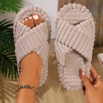 Women Corduroy Cross Strap Home Slippers Men Soft Warm Flat Slides Family Indoor Fashion Concise Plush Sandals For Four Seasons