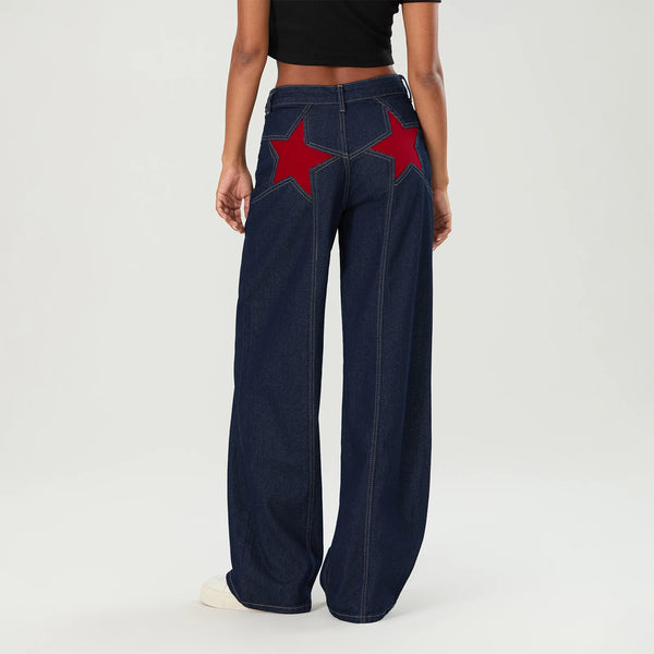 Women's Y2K Vintage Jeans Aesthetic Star Pattern Print Loose Straight Leg Denim Long Pants Casual Low Waist Trousers