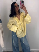 Women Casual Yellow Ruffles Tops Fashion V Neck Lace Up Long Sleeve Loose T Shirt 2025 Summer Lady High Street Commute Clothing