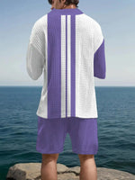 2025 New Style Casual Jacquard Set for Men, Summer Loose Short Sleeve Knit Top and Shorts, V-Neck Sport Set, Two-Piece Outfit