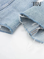 TRAF Women's Fashion Hole Decoration Jeans Blue Trousers Metal Zip Straight Leg Casual Streetwear High Waisted Jeans