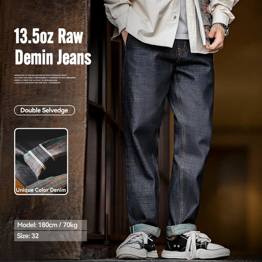 Maden Vintage 13.5OZ Selvedge Raw Denim Jeans Cotton Straight Denim Pants Men's Heavyweight Blue Zip Fly with Pockets Trousers