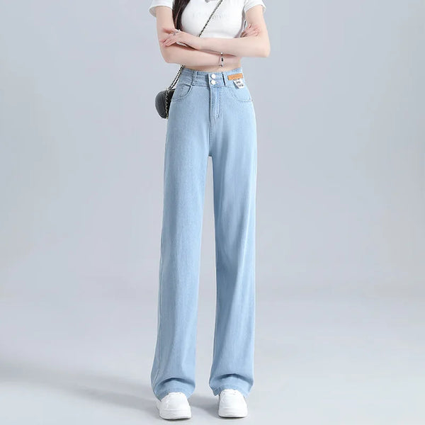 Solid-colored Thin Tencel Jeans. New Summer Collection of Simple High-waisted Loose Straight-leg Ice Silk Wide-leg Jeans Women