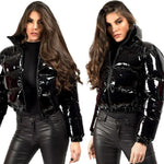 Winter Women Shiny Leather Puffer Jacket Cropped Parka Down Warm Thick Bubble Coats Black PU Leather Parkas Loose Zipper Jackets