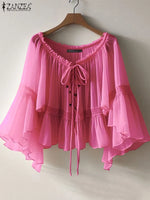 ZANZEA Women Vintage Chiffon Blouse Casual Loose 3/4 Flare Sleeve Short Tops 2025 Summer Seethrough V-neck Pleating Blusas Femme