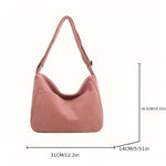 Women’s Corduroy Shoulder Bag, Casual Striped Large Capacity Tote with Zipper Closure, Cute Hat Patch, Perfect for Everyday Use