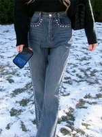 Metal Loose Solid Color Jeans Woman Casual Straight High Waist Long Pants Street Fashion Baggy Women's New Versatile Jeans