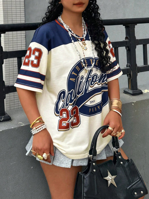 California 23 Printed Letter Jersey Women'S T-Shirt V-Neck Loose Short Sleeved Personalized Fashionable Casual Half Sleeved Top