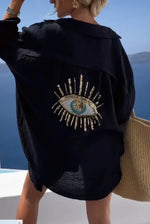 Casual Bright Sequin Evil Eye Shirt Women Summer Fashion Long Sleeve Loose Long Blouse Streetwear Turn-down Collar Cotton Tops