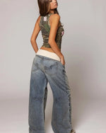 Y2K Hip-hop Stitching Fashion Joker Retro Jeans Female Korean Casual Simple Dress Essential Wide-leg Pants Loose  Joker Overalls