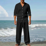 2025 Cross-border American Four Seasons Linen Men's Casual Relaxed Breathable Long Sleeve Pants Shirt Beach Suit