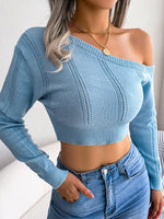 Sexy Knitted One Shoulder Crop Top Women Fashion Long Sleeve Tops Casual Hollow White Thin Sweater Autumn Winter Pullover 2025