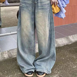 Spring Autumn Vintage Chicly Button Jeans Women American Simple Baggy High Waisted Denim Pants Washed Y2K Wide Leg Jean Trousers
