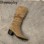 Vintage Pleated Woman Knee High Boot Elegant Low Heel Autumn Winter Shoes Ladies Pointed Toe Knight Long Booties