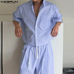 Summer Men's Sets Short Sleeve Tops Stripe Shirt Lapel Tee Loose Casual Shorts INCERUN Fashion 2PCS Suit Short Trousers Oversize