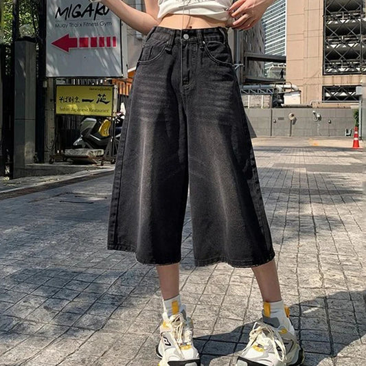 Summer American Style Vintage Women Baggy Jeans Y2k Loose Washed High Waist Knee Length Denim Pants Streetwear Wide Leg Shorts