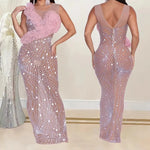 Women Long Evening Dresses Sleeves Flower Illusion Cocktail Elegant Party Dress Diamond Pink Birthday Formal Prom Dresses XSY012