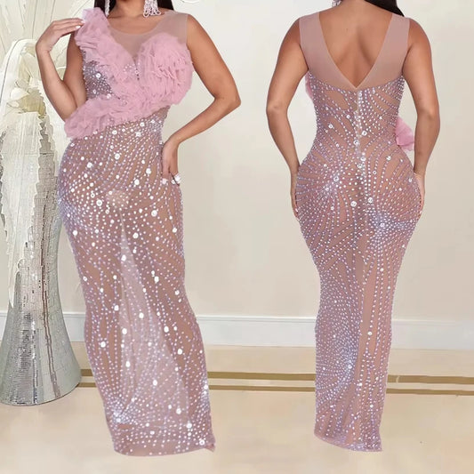 Women Long Evening Dresses Sleeves Flower Illusion Cocktail Elegant Party Dress Diamond Pink Birthday Formal Prom Dresses XSY012