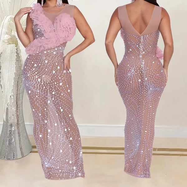 Women Long Evening Dresses Sleeves Flower Illusion Cocktail Elegant Party Dress Diamond Pink Birthday Formal Prom Dresses XSY012