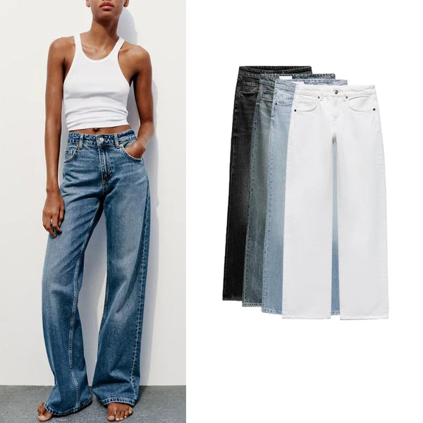 Spring New Retro Boyfriend Sle Casual Wide Leg Floor-Length Denim Jeans High Waist Loose Fit Straight Leg Adult Women