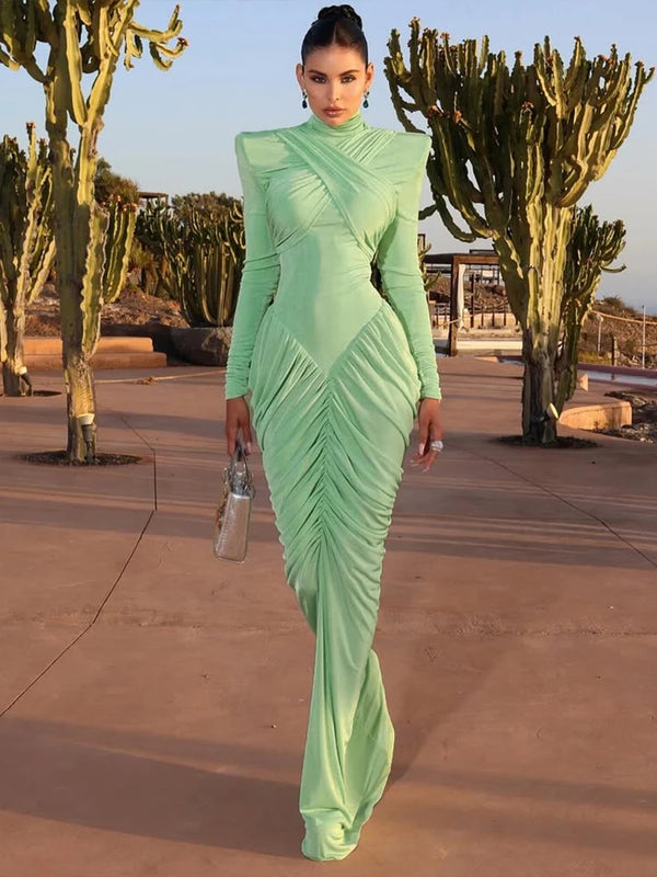 Weird Puss Autumn New Style Maxi Dress Women Turtleneck Full Sleeve Backless Skinny Stretch  Prom Party Ruched Elegant Vestidos