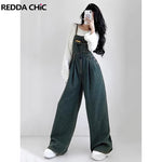 REDDACHiC 90s Retro Green Wash Women Jumpsuit Pleated Pocket Bib Pants Wide Leg Denim Overalls Loose Casual Y2k Dungaree Rompers