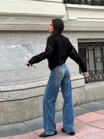 Denim belt leopard print star patch women's high waist straight legs jeans fashion clothing cleaning blue pants vintage trousers